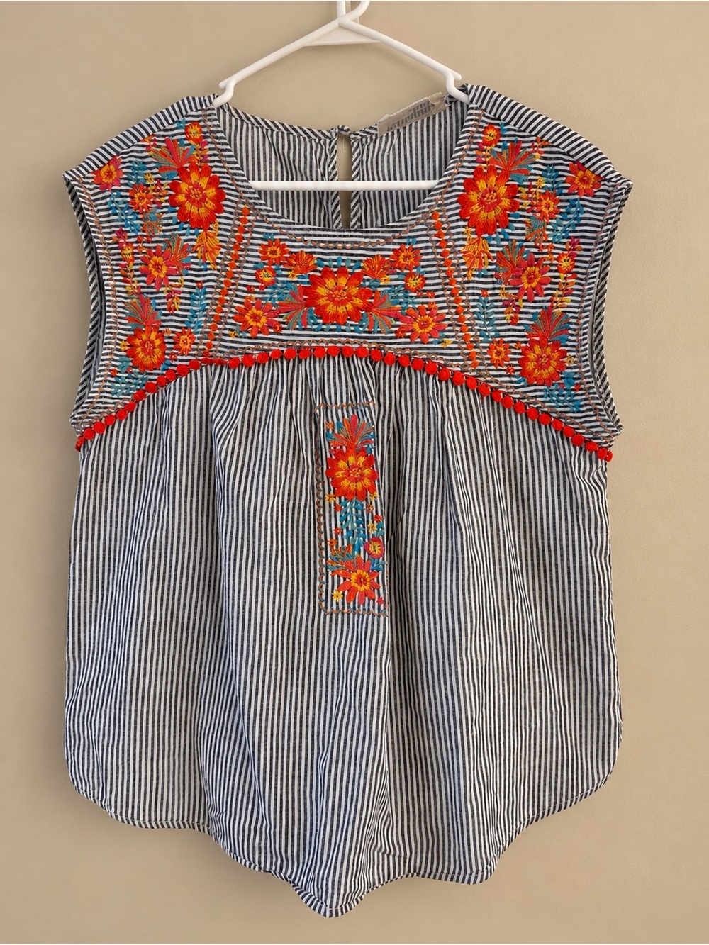 Savanna Jane Navy Stripe Tank with Bright Orange Floral Embroidery